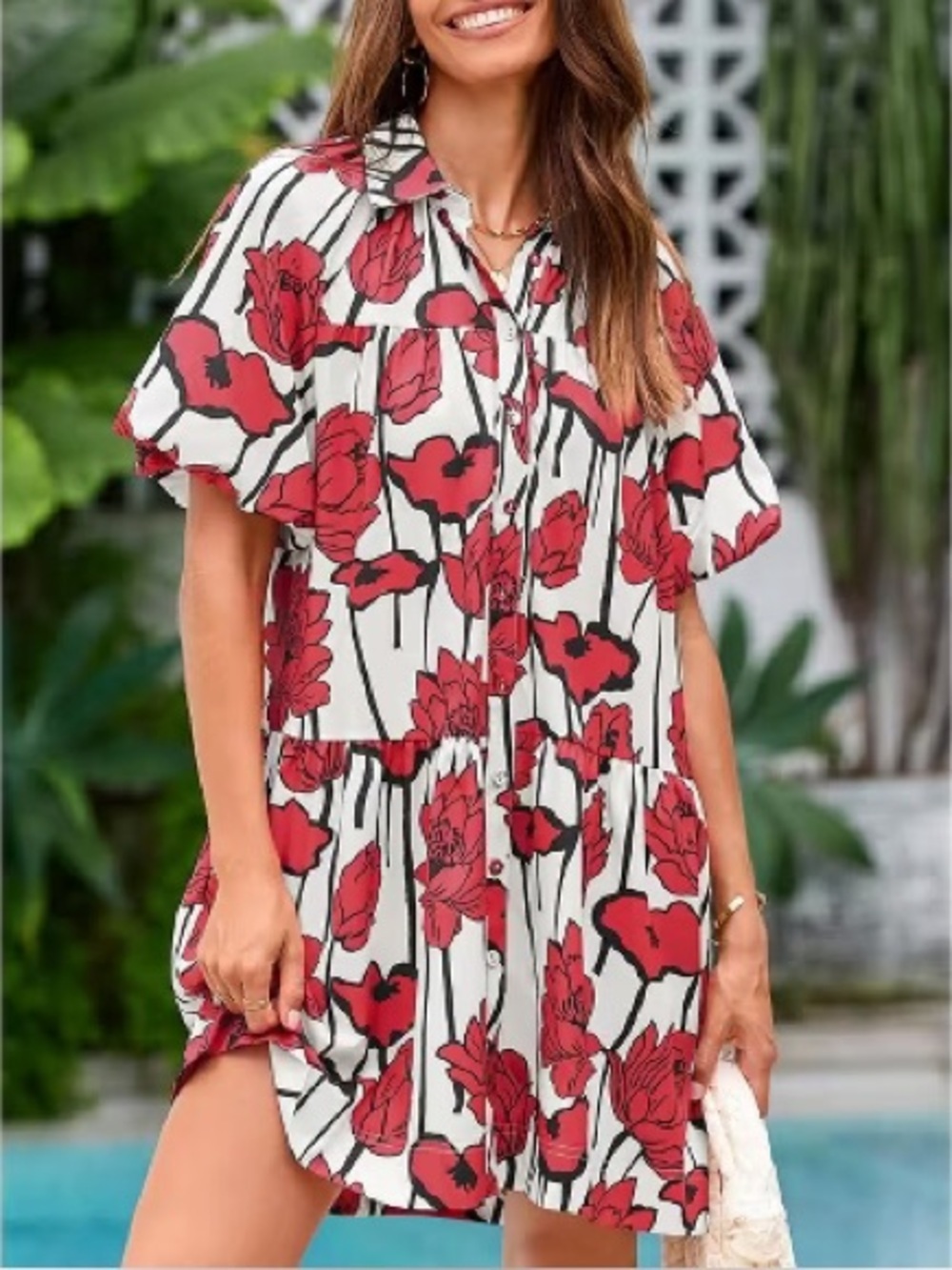 Wenrine Red Floral Tiered Shirt Dress NWT Size Large Puff Sleeve Collared